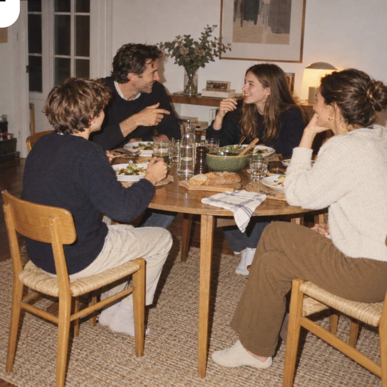 Une famille de quatre personnes attablée pour le dîner, en pleine conversation